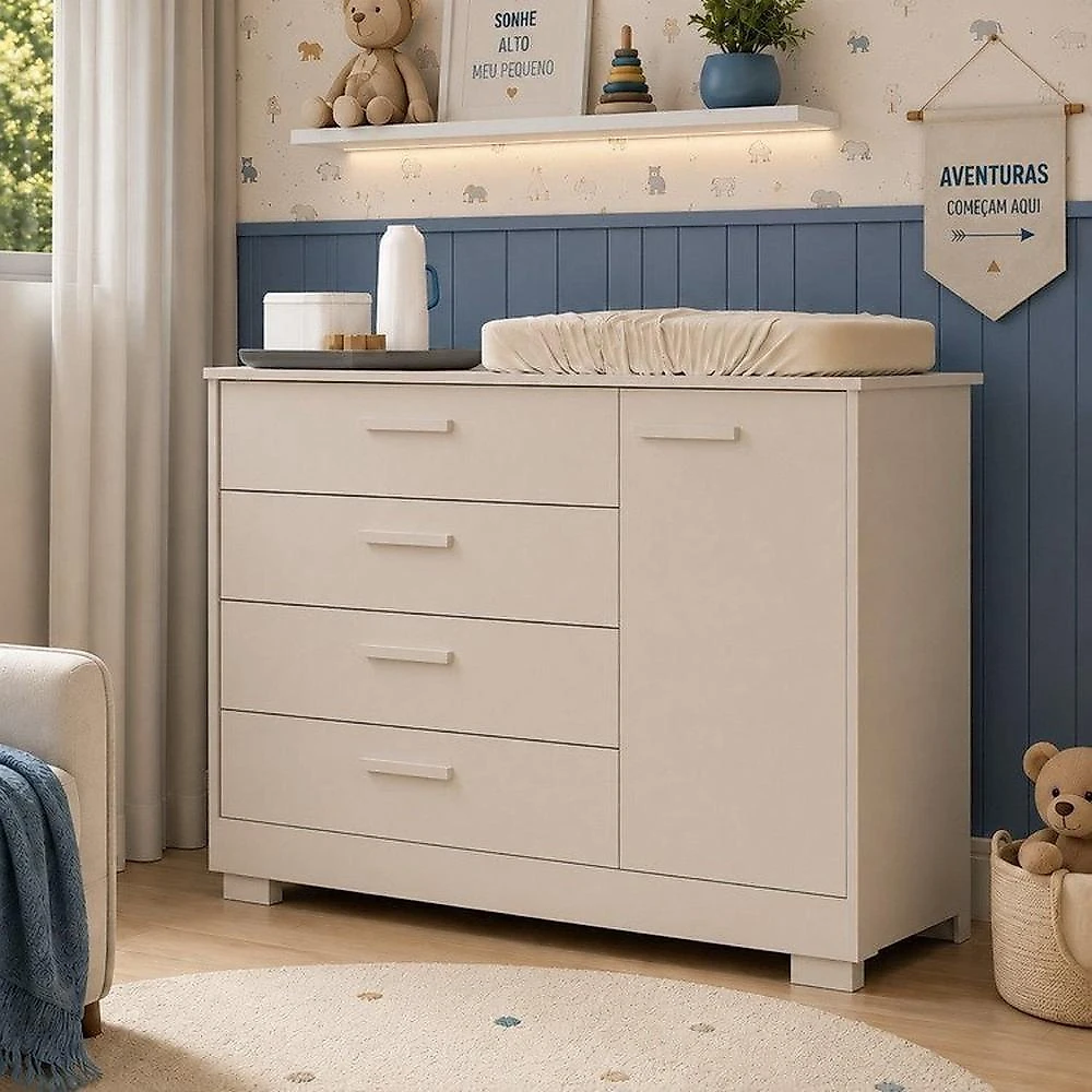 Quarto Completo Danny para Bebê 100% MDF com Cômoda Sapateira e Berço 2 em 1 Areia