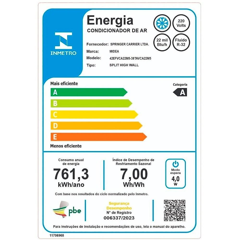 Ar-Condicionado Split Inverter 22000 BTUs Springer Midea AI Airvolution High Wall Só Frio 42EFVCA22M5/38TAVCA22M5 220V