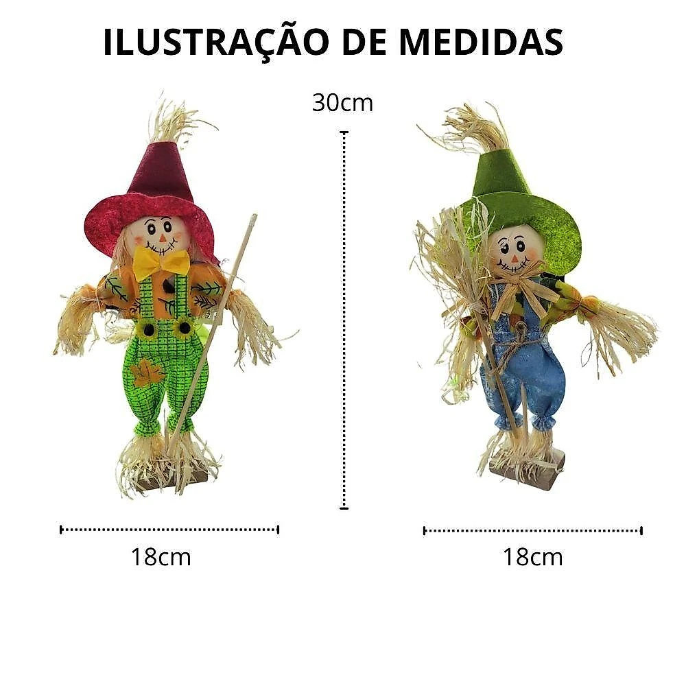 Espantalho Junino Caipira com Vassoura 30CM Bambu e Poliéster Extra Festas