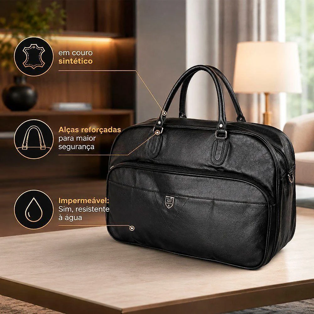 Bolsa de Viagem 55cm Poliéster com Alça Zíper Bolsa de Viagem Preto Couro Cor & Cia