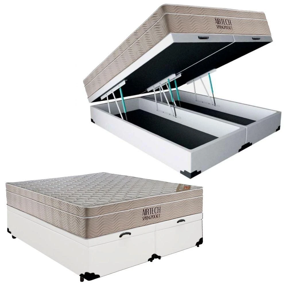 Cama Box Baú Casal Sintético Bipartido + Colchão Ortobom Airtech Molas Ensacadas 65x138x188 branco