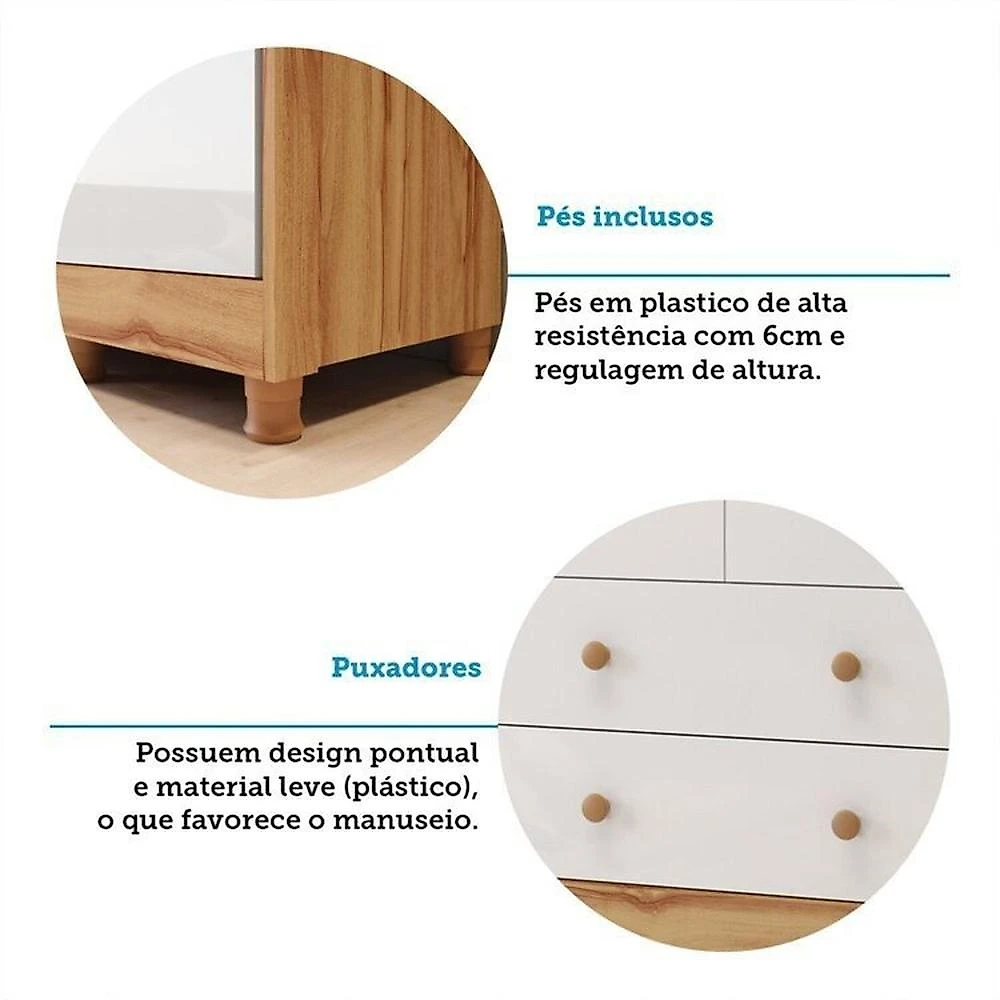 Quarto de Bebê Berço Minicama Guarda-roupa e Cômoda Janeladas 100% Mdf Maya Clássico Espresso Móveis Amêndoa/Branco Brilho