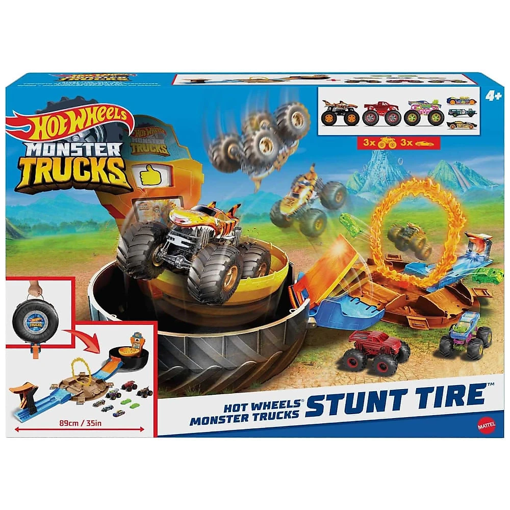 Conjunto de Monster Trucks com Pista Transformável, Inclui 3 Caminhões e 4 Carros, Hot Wheels. 110v