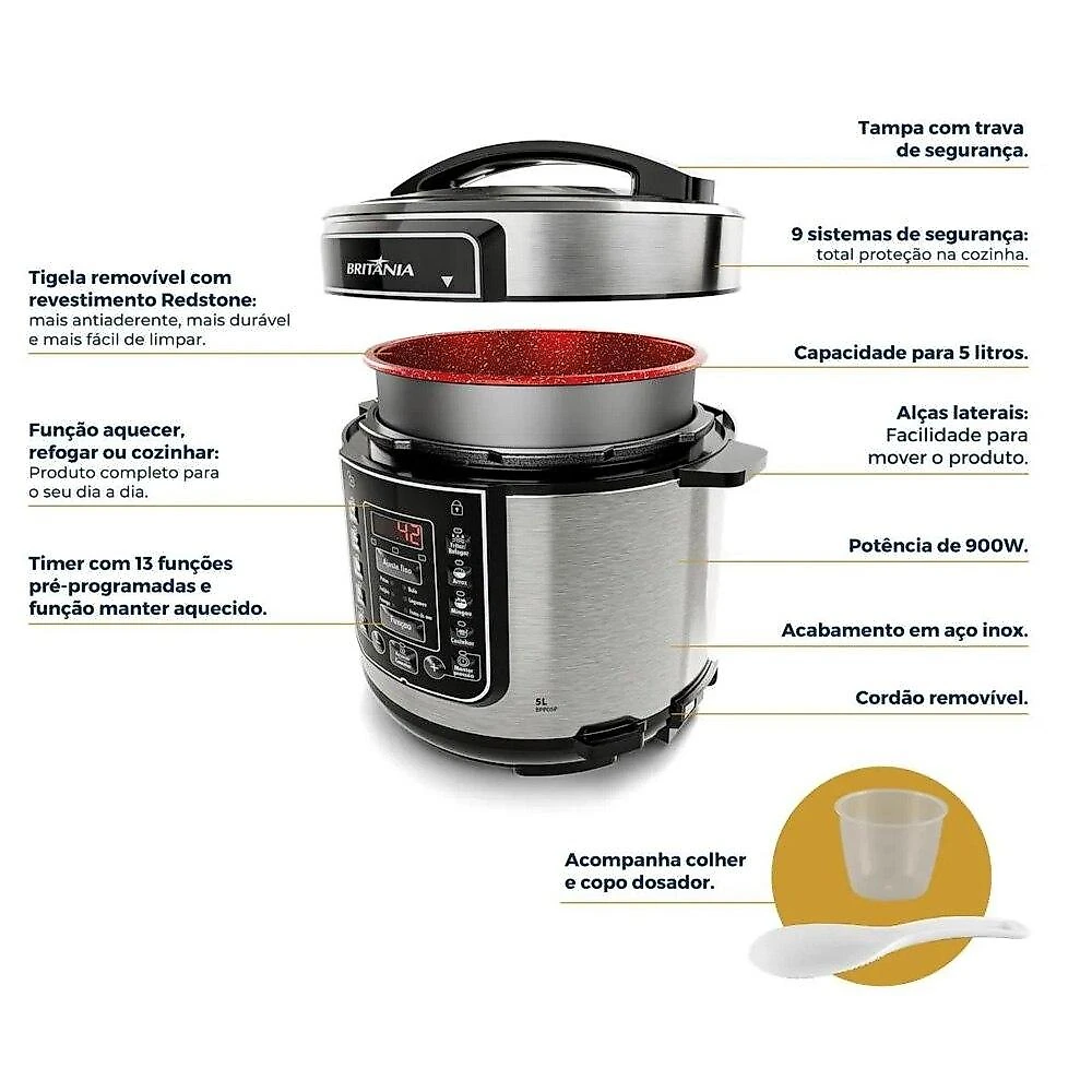 Panela de Pressão Elétrica 5 Litros Britânia BPP05P - 110 Volts Panela de Pressão Elétrica Britânia BPP05P - 110 Volts