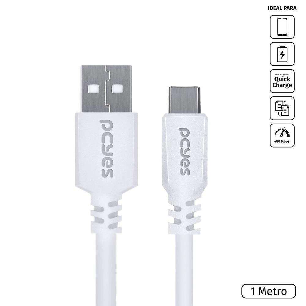 Cabo USB Tipo C Pcyes para Celular USB 2.0 480MBPS 5V 3A Branco 1M