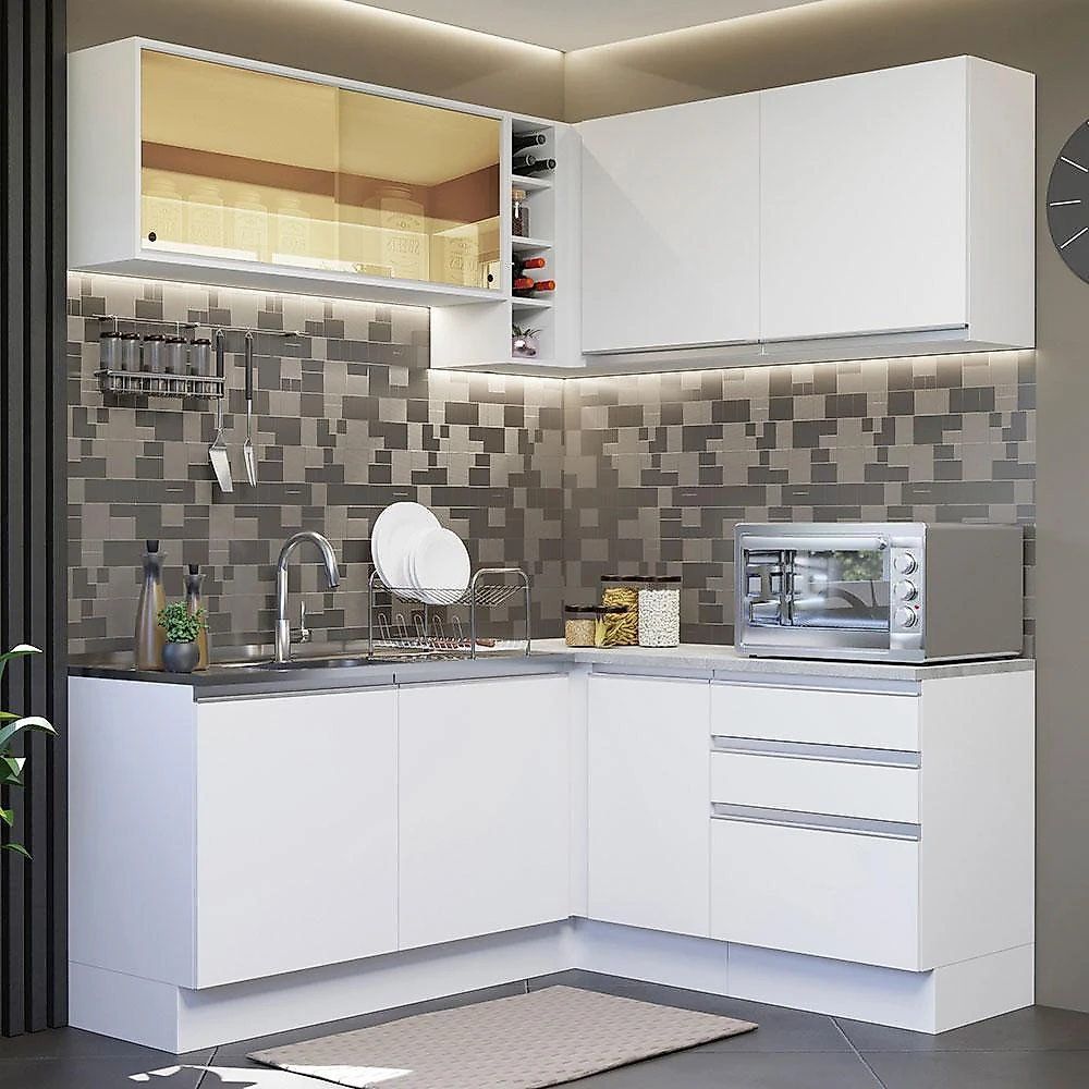 Cozinha completa de canto madesa glamy 329002 com armário e balcão (sem tampo e pia) - branco