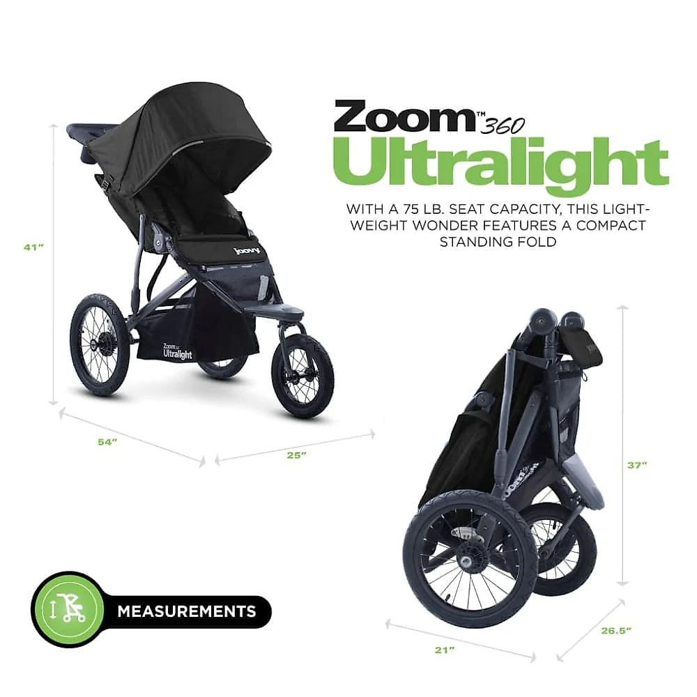 Carrinho de Bebê Ultraleve com Suspensão de Absorção de Choque e Cesta de Armazenamento, Joovy Zoom360, Preto