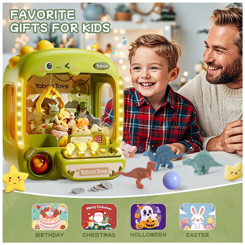 Máquina de Garra Dinossauro Vanvimen 64 PCS Grande para Crianças, Arcade Mini Vending Game com Brinquedos e Doces, Som e Luzes