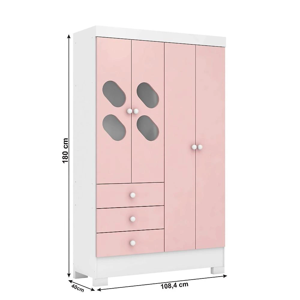 Quarto Infantil Completo Guarda Roupa 4 Portas 3 Gavetas com Cômoda Stella Espresso Móveis Branco/Rosa
