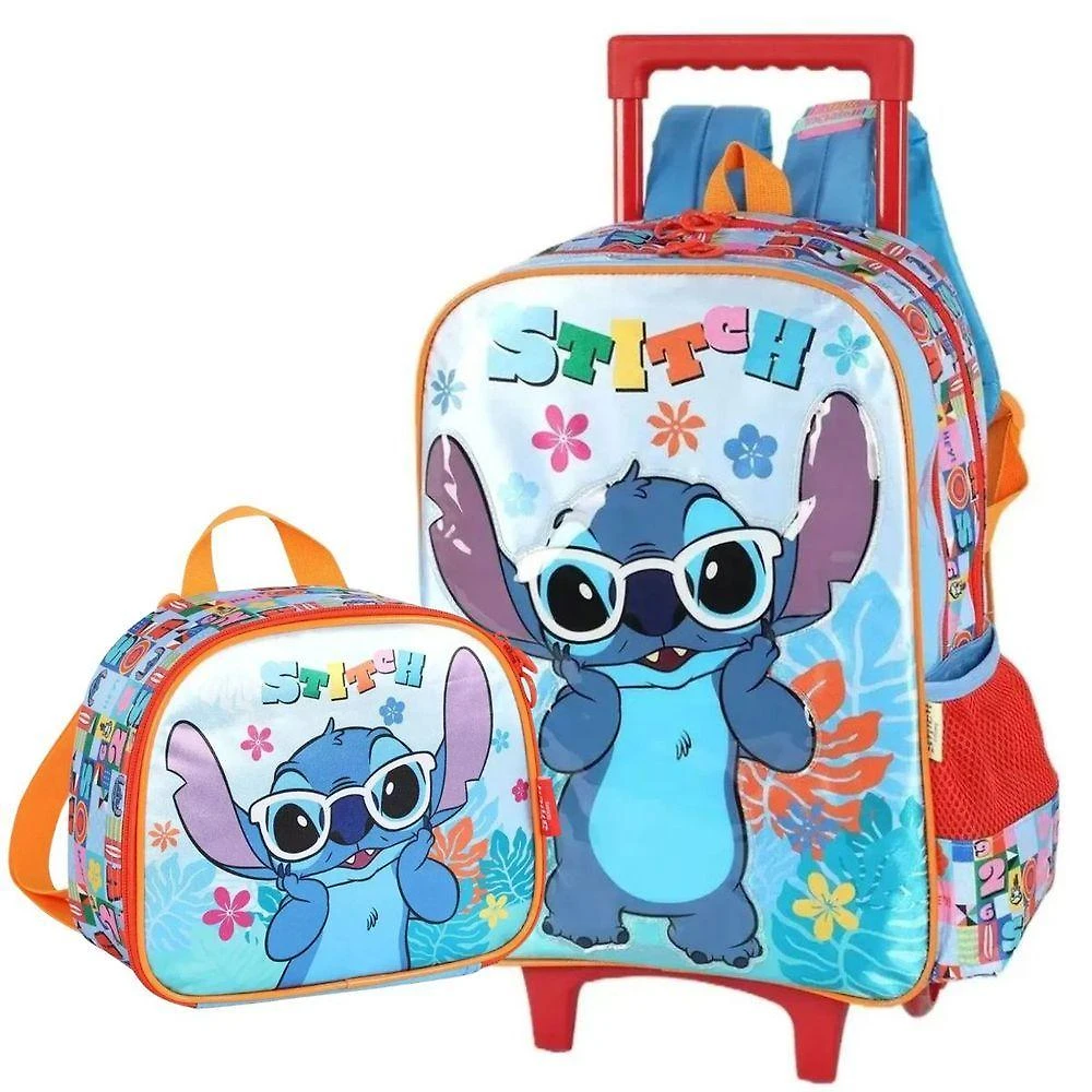 Mochila Escolar com Rodinhas Luxcel Stitch Angel Poliester Lilás Infantil