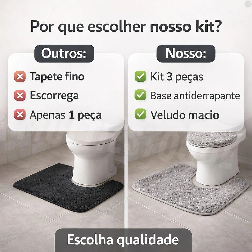 Jogo de Tapetes para Banheiro Veludo Antiderrapante 3 Peças Clean Tech