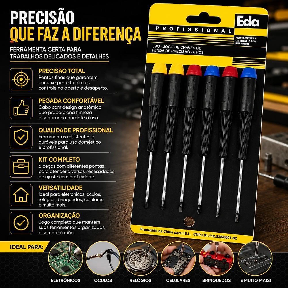 Kit de Chaves de Precisão Longas Magnéticas 6 Peças para Eletrônicos Óculos e Relógios Yeet
