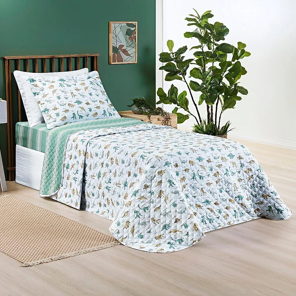 Kit cobre leito solteiro infantil dinossauros 4 peças micropercal 200 fios