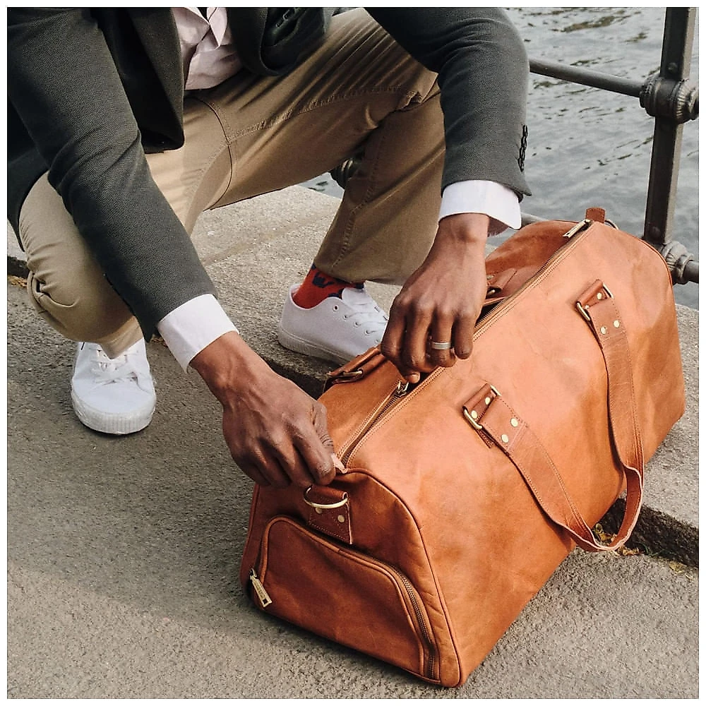 Bolsa de Viagem Masculina Vintage Clássica de Couro 45L, BERLINER BAGS, Marrom