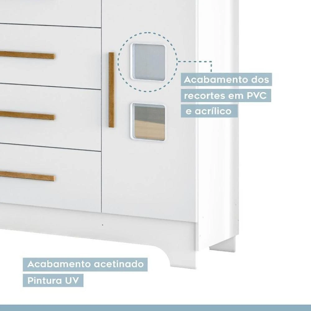 Quarto de Bebê com Berço Mini Cama 100% Mdf com Colchão Life e Cômoda 4 Gavetas 1 Porta Fly 100% Mdf Branco