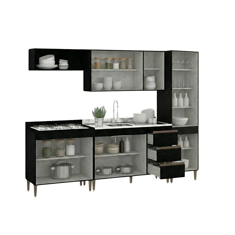 Armário de Cozinha Milão 5 Módulos 5 Portas 2 Gavetas MDF 240CM Preto Menu Móveis