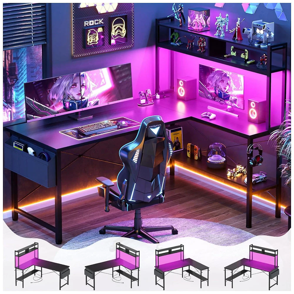 Mesa Gamer L Aheaplus 150 cm Preto com Tomada Elétrica, Luz LED, Prateleiras Reversíveis e Ganchos, Modelo 150 cm (150x150x48 cm)