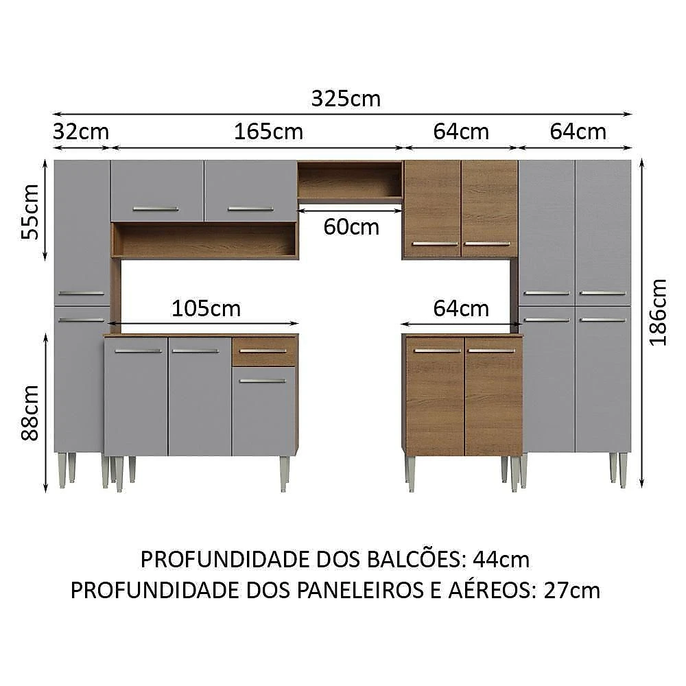 Armário De Cozinha Completa 325cm Rustic/cinza Emilly Madesa