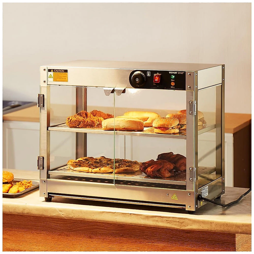 Expositor Aquecedor de Alimentos VEVOR Cinza 2 Níveis 61 cm com Iluminação e Capacidade 58L, 220V.