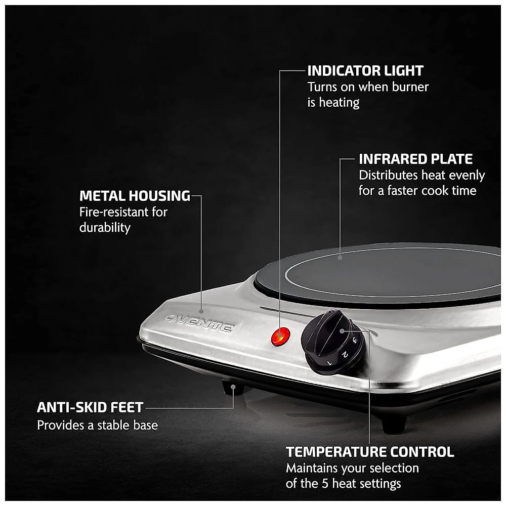 Cooktop Elétrico de Infravermelho Portátil de Vidro Cerâmico com 5 Níveis de Temperatura e Fácil de Limpar, 110V 1000W, OVENTE BGI101S, Prata 110v