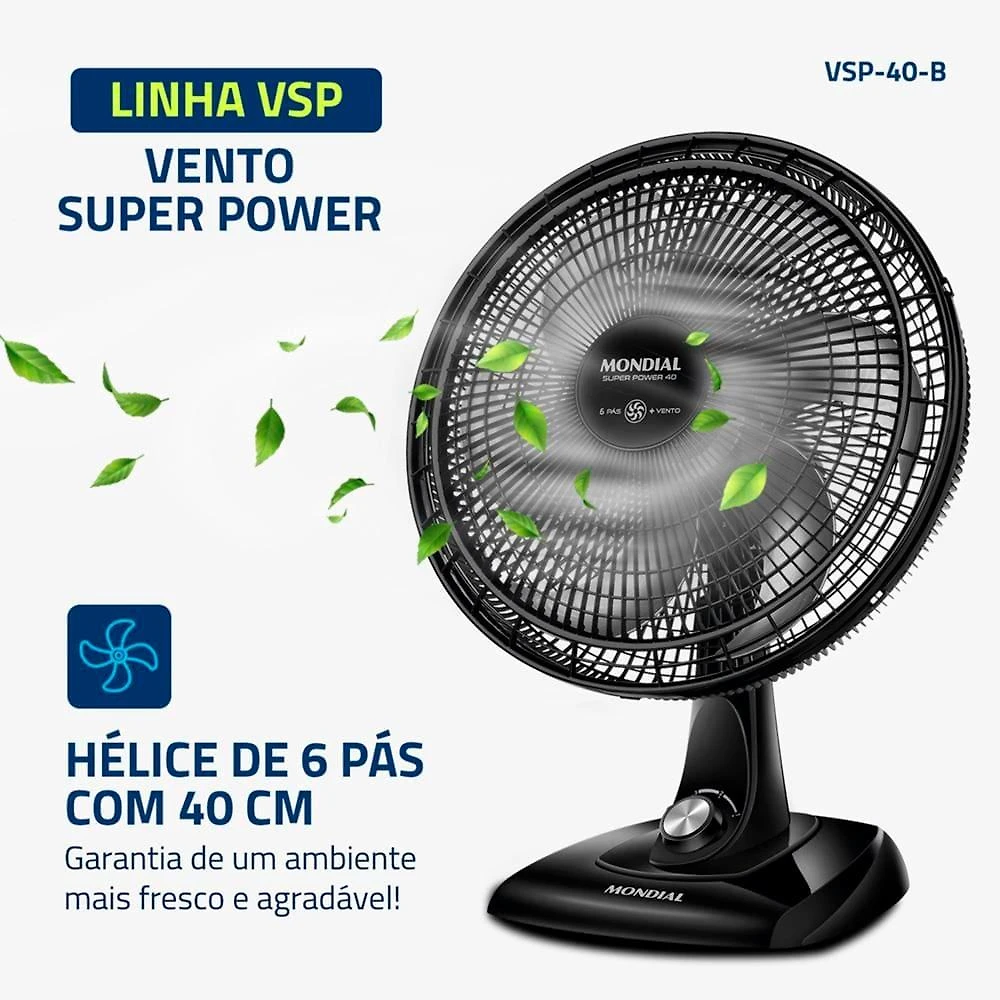 Ventilador de mesa mondial super power 40cm vsp40 b 6 pás 3 velocidades preto