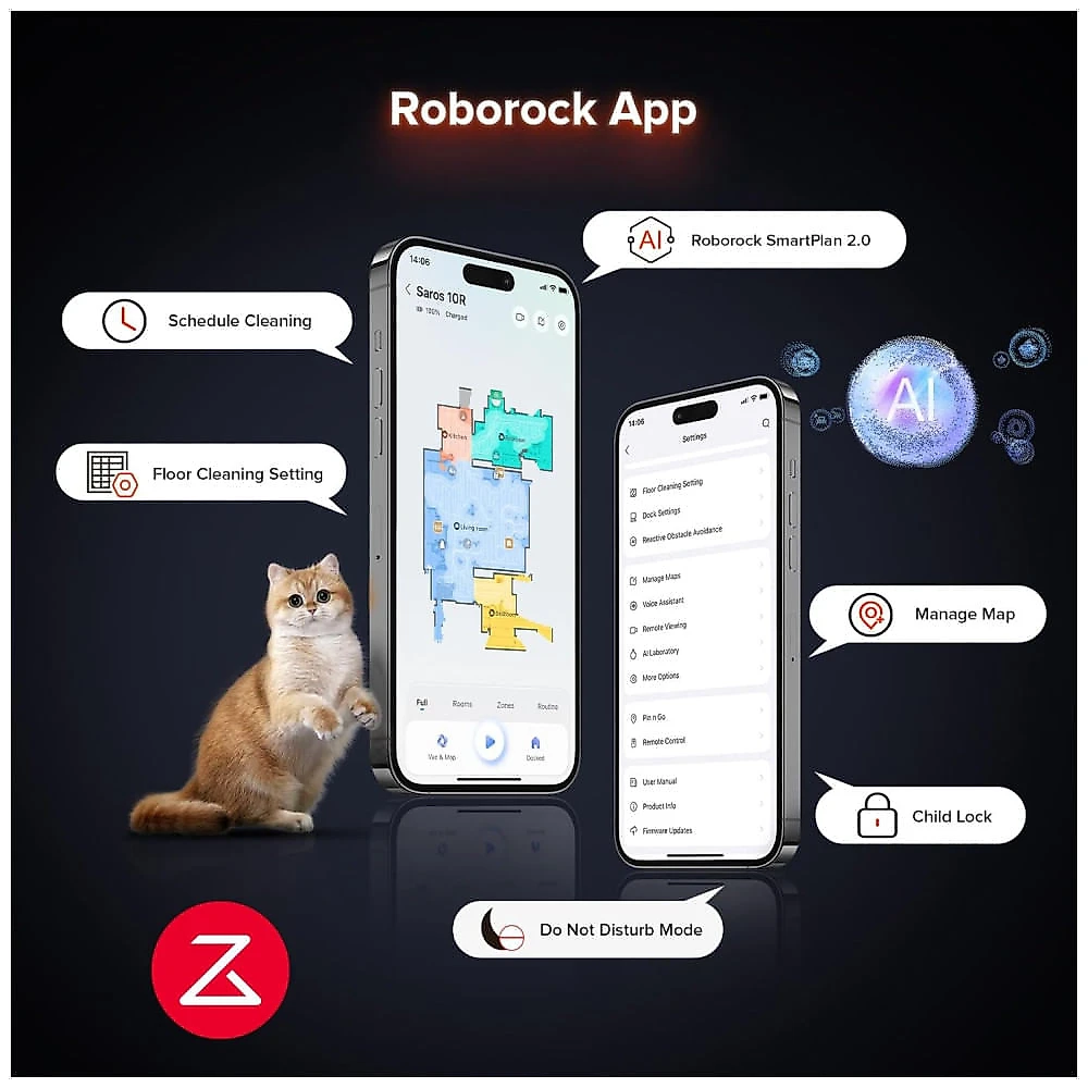Robô de Limpeza Roborock Saros 10R, Potência de Sucção, Ultrafino 8cm, Tecnologia FlexiArm, Autolimpeza, Secagem Quente, Preto