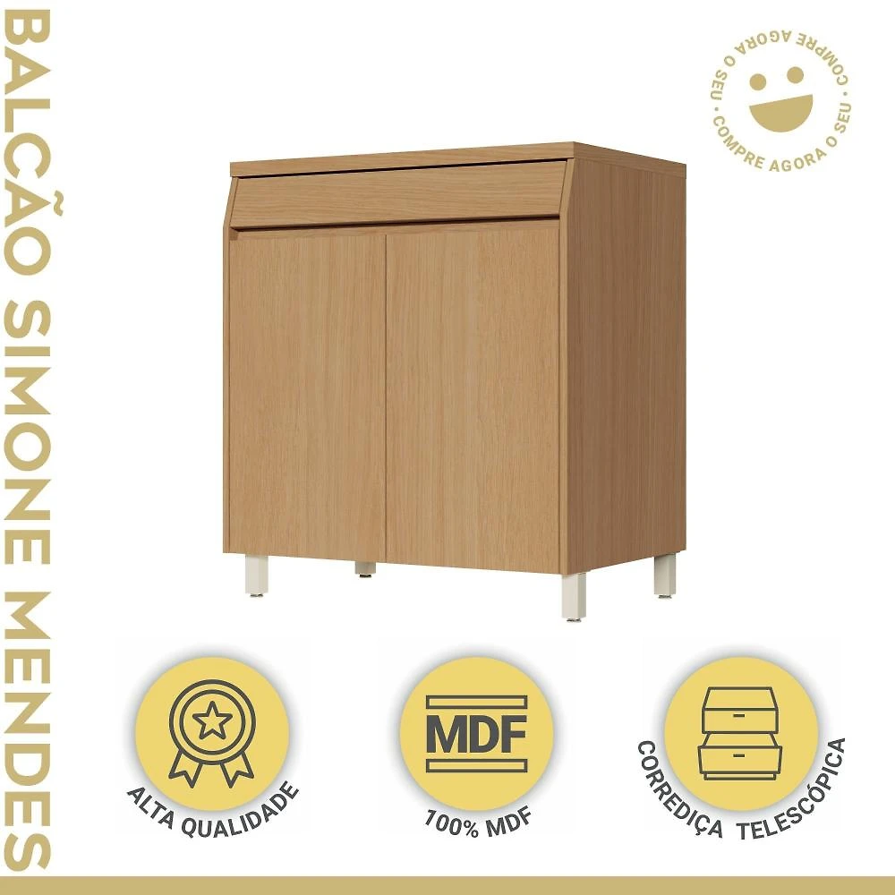 Miniatura Balcao 2 Portas 1 Gaveta 80cm Simone Mendes 100% Mdf Carvalho/Greige