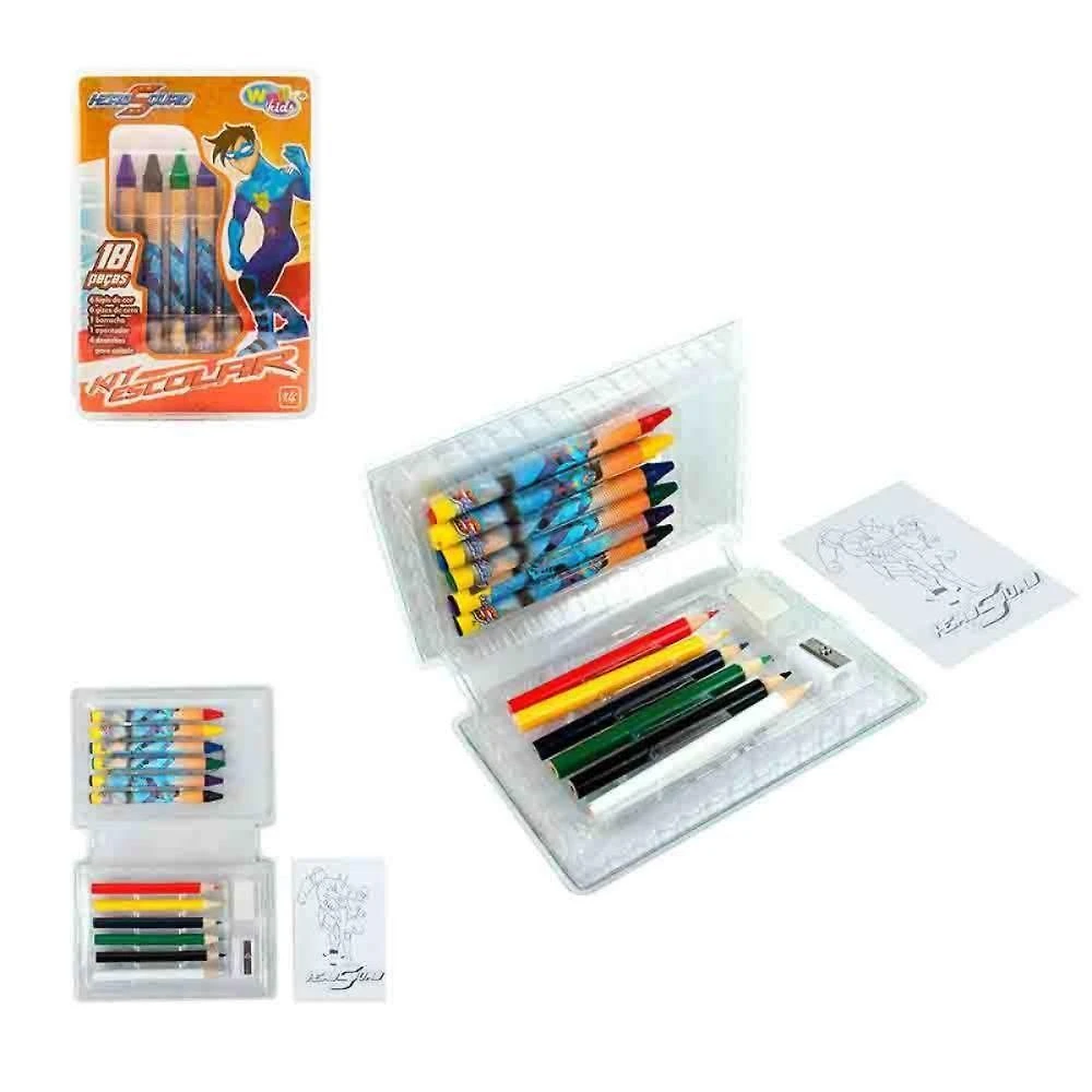 Estojo Infantil Escolar Wellmix Hero Squad 18 Peças com Lápis de Cor, Gizes de Cera e Acessórios