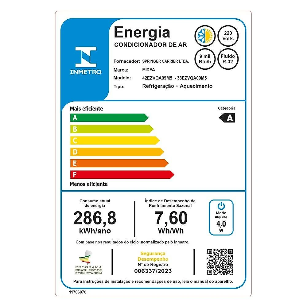 Ar-Condicionado Split Inverter 9000 BTUs Midea AI Ecomaster High Wall Quente e Frio 42EZVQA09M5/38EZVQA09M5 220V