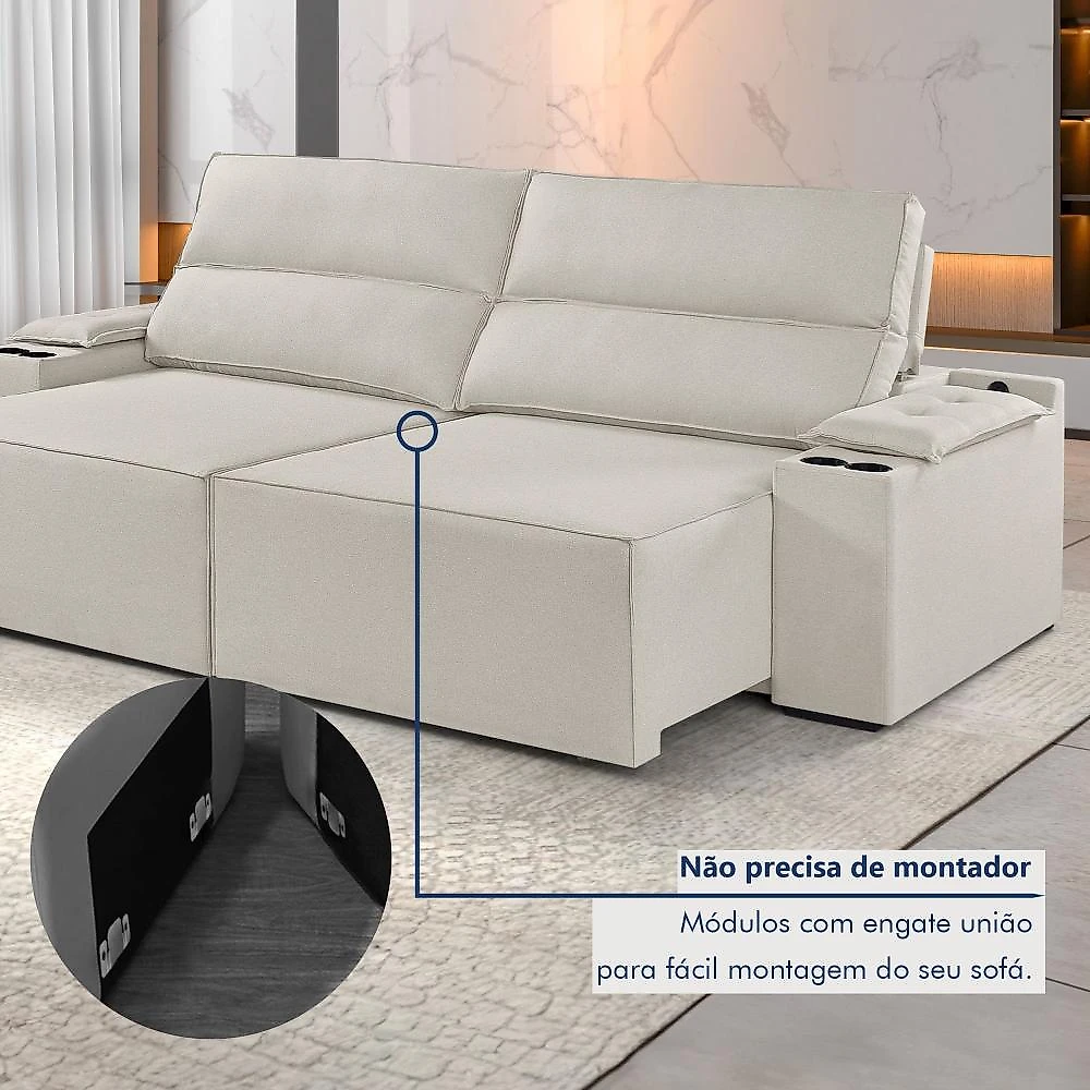 Sofá Retrátil e Reclinável 4 Lugares com Entrada USB e Porta Copos 230cm Irlanda Yescasa Sofá Retrátil e Reclinável 4 Lugares 230cm M180 Linho/Bege Claro