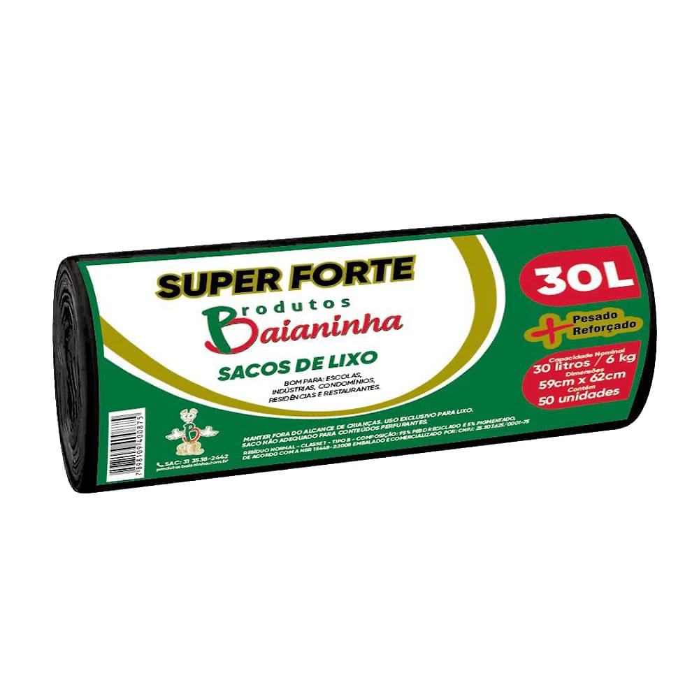 Saco de Lixo Baianinha Super Forte 30 Litros 50 Unidades