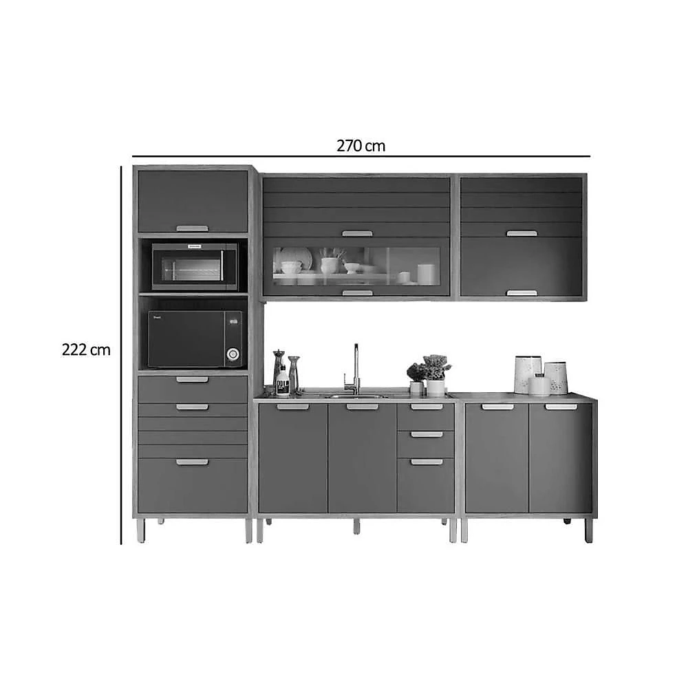 Kit Cozinha Eloise 8 Portas 5 Gavetas MDF 120CM Cinamomo e Platina MGM