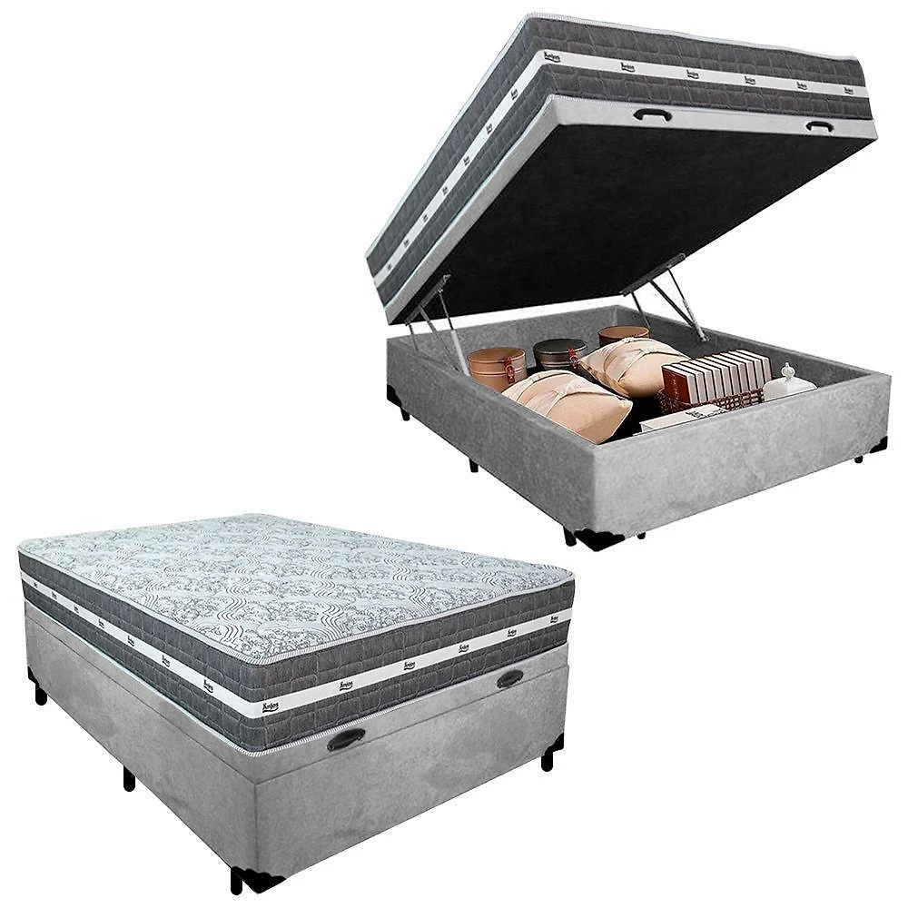 Cama Box Baú Casal Suede+Colchão Anjos Black Graphite Molas Ensacadas 138cm Suporta Até 120 Kg Cinza