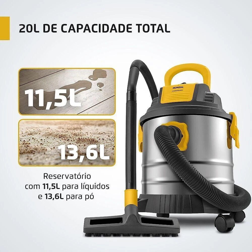 Aspirador de Pó e Água Vertical Mondial APT-02-20L-I 1600W 20L com Sopro Preto-Inox