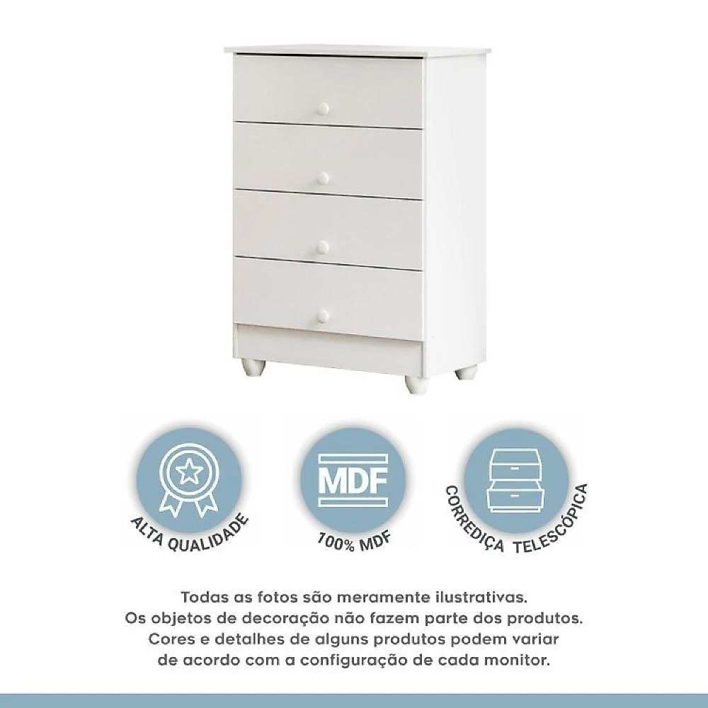 Quarto de Bebê com Berço com Suporte 100% Mdf Life e Cômoda de Bebê 100% Mdf 4 Gavetas Soft Life Branco