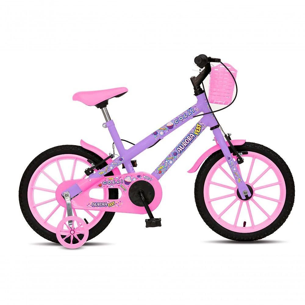Bicicleta Aurora Fest, Aro 16, Com Freios V-brake, Com Rodas De Apoio, Capa Corrente E Cestinha Lilás
