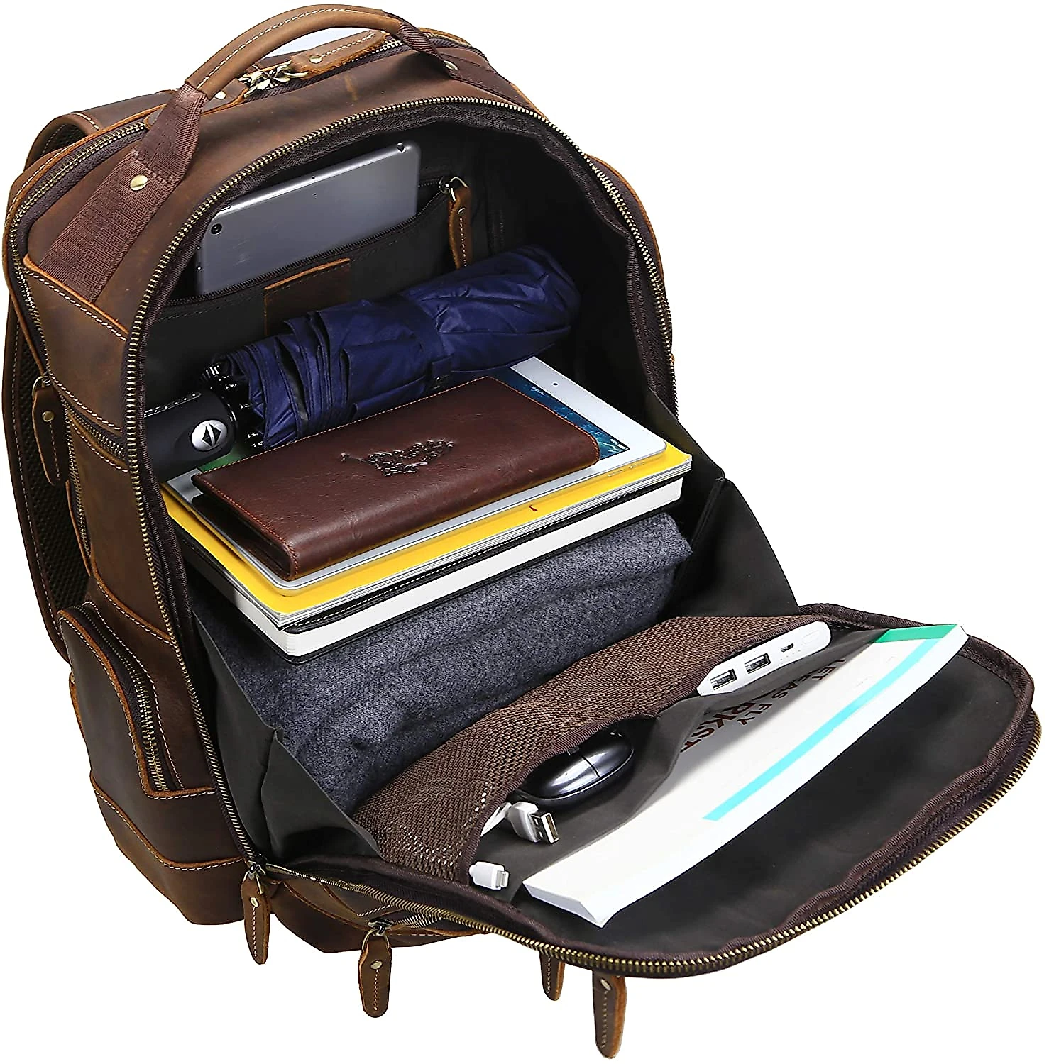 Lannsyne LB125 Mochila Unissex de Couro Genuíno para Laptop 40 cm Marrom
