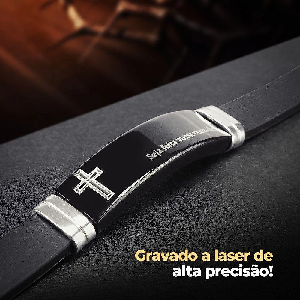 Pulseira Masculina Orizom Pai Nosso Silicone e Aço Ajustável Preto