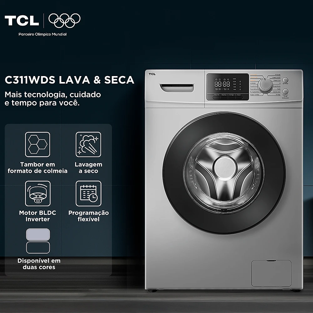 Lava e Seca TCL 11Kg / 7Kg Prata Inverter com lavagem a seco 220V C311WDS