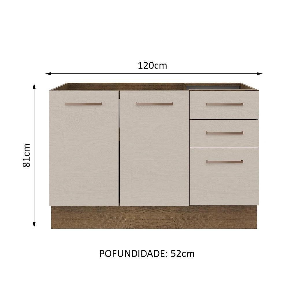 Balcão gabinete de pia cozinha 2 portas e 3 gavetas rustic/crema agata madesa