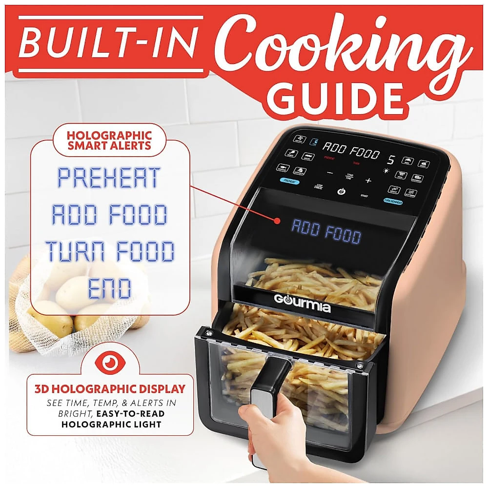 Fritadeira Elétrica Air Fryer Gourmia Pêssego 6,6L Janela Panorâmica 12 Programas FryForce 360 1500W 110V