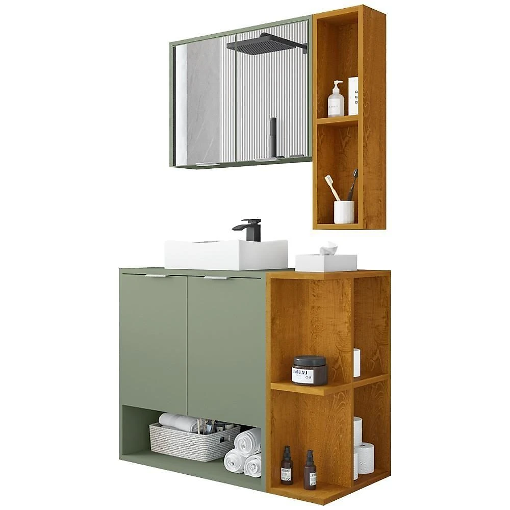 Gabinete Para Banheiro Com Cuba E Espelho Siesta B02 Pistache Naturalle - Lyam Decor