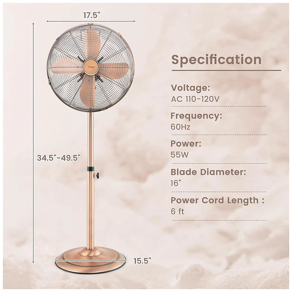 Ventilador de Pedestal Oscilante de Metal, Silencioso e Potente, com 3 Velocidades e Ajuste de Altura, 110V, COSTWAY, Cobre 110v