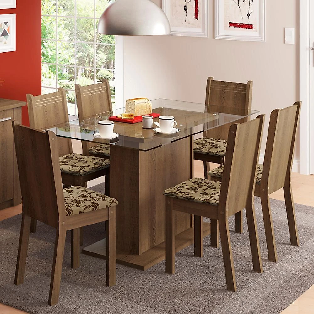 Conjunto sala de jantar madesa gales mesa tampo de vidro com 6 cadeiras - rustic/bege marrom