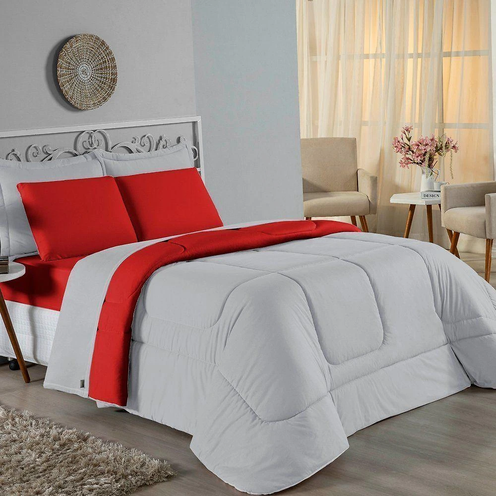 Edredom Queen Nobre 1 Peça Dupla Face 2,20m X 2,40m Malha 100% Algodão - Cinza / Vermelho