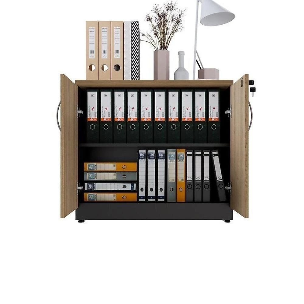 Conjunto para Escritório com Mesa de Reunião 6 Lugares e 2 Armários Baixos com Chave Espresso Móveis Macadâmia/Preto