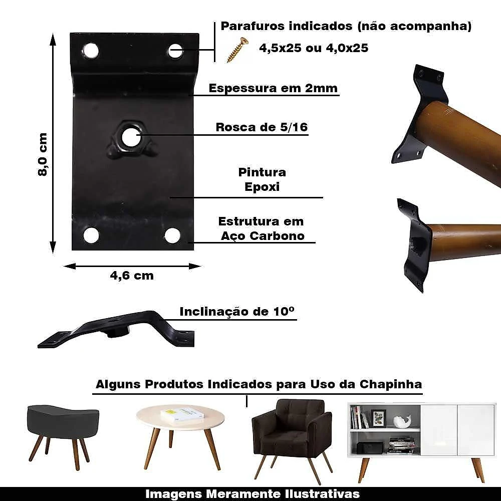 Kit 8 Chapinhas Inclinada 10º Pés Palito Rosca 5/16 Preto