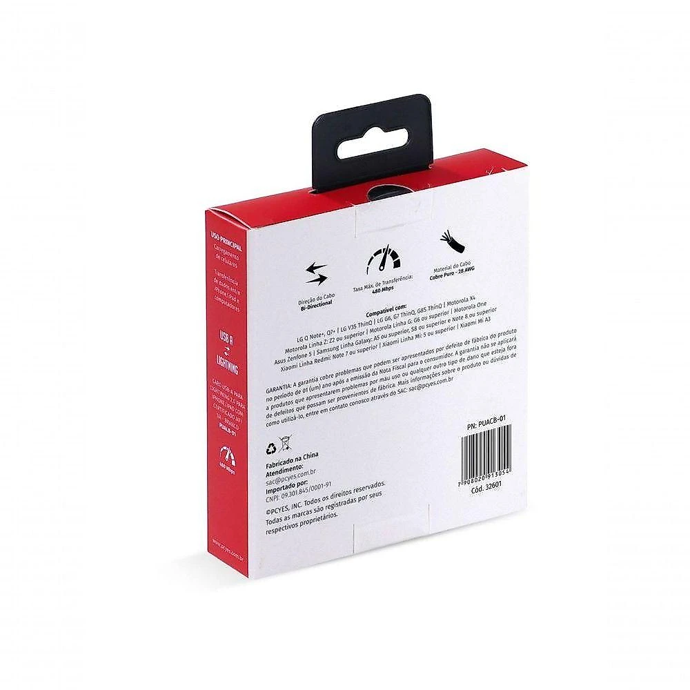 Cabo USB Pcyes PUACB-01 para Celular USB a 2.0 para USB Tipo C 480MBPS Branco 1 METRO