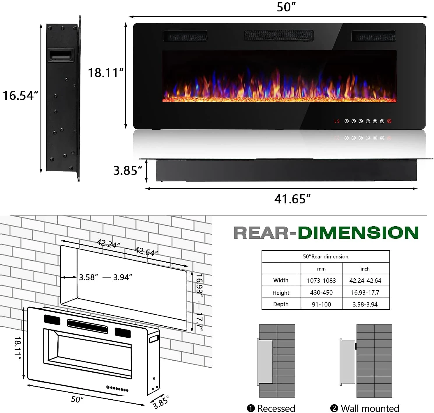 Vitesse 50FPC3 Lareira Elétrica de Embutir A45x127L com Controle Remoto e Digital Luz LED Chamas Multicolorida e Temporizador 110V1500W Preta