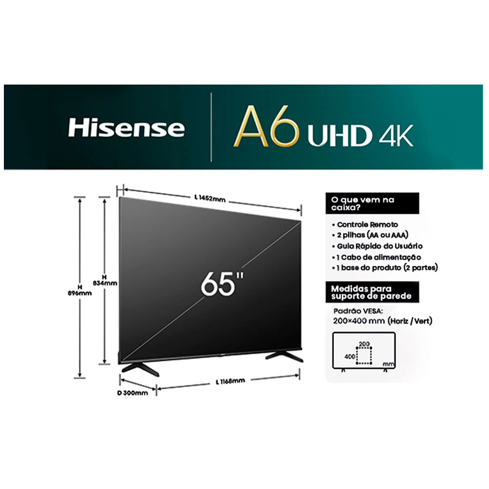 Miniatura Smart TV Hisense UHD 4K DLED 65" Polegadas 65A6K com Sleep Timer, Entrada HDMI e Wi-Fi Bivolt
